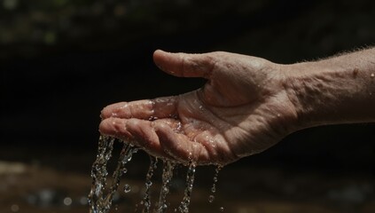 Fototapeta premium Close up of a person's hand cupped catching dripping water in natural light