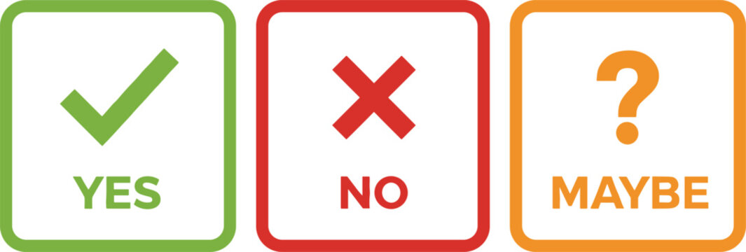 Yes no maybe decision icon set with check mark cross question flat vector illustration for choice voting ui design