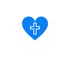 Obraz premium Blue heart with cross in hands vector icon