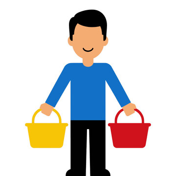 Flat icon of young boy holding yellow and red baskets.