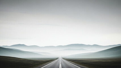 Fototapeta premium Long, straight road disappearing into distant hazy mountains under a vast, atmospheric sky, symbolizing journey, freedom, and the unknown path ahead.