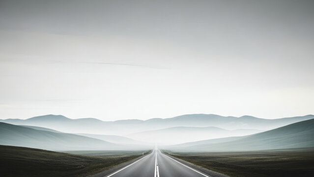Long, straight road disappearing into distant hazy mountains under a vast, atmospheric sky, symbolizing journey, freedom, and the unknown path ahead.