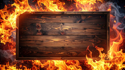 Fire flames on wooden background with space for text