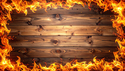Fire flames on wooden background with space for text