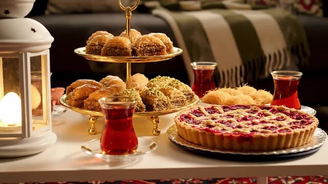 A festive table setting with a pie, pastries on a tiered server, and glasses of juice, celebrating Eid al Fitr or Ramadan Kareem in a cozy home interior with warm lighting.