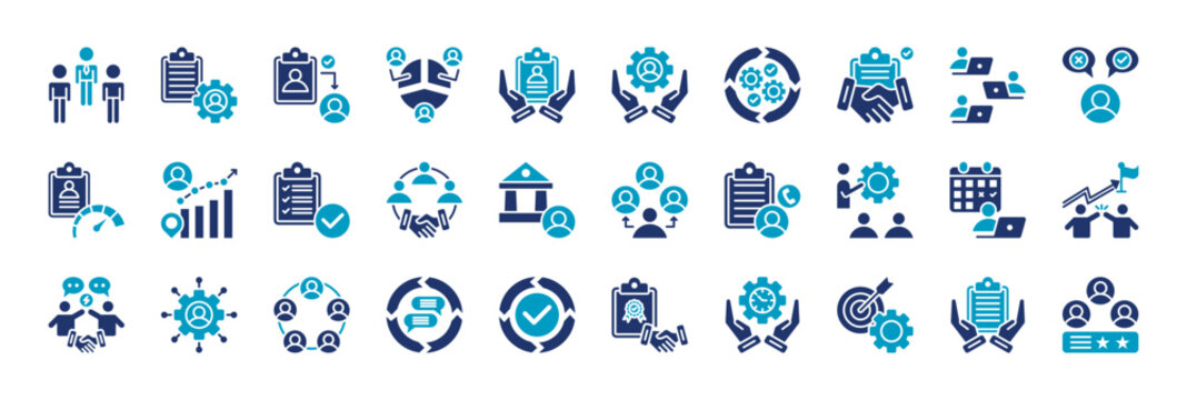 team roles and responsibility icon set collection in glyph duotone style. icon set consist of team leader, project manager, task assignment, role division, job description, responsibility chart