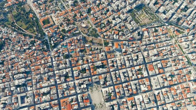 Patras, Greece. Central part of the city in summer. Sunny day. Drone footage