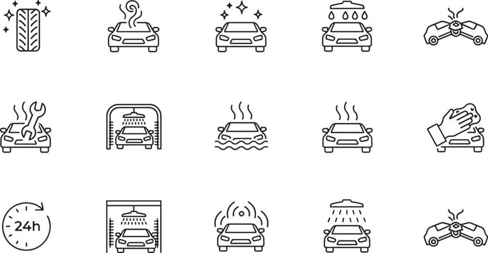 Car wash service icon set with cleaning detailing foam flat vector illustration for auto maintenance app design branding