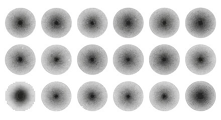 Halftone circle elements set. Vector dotted texture.