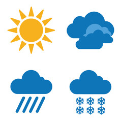 Fototapeta premium Set of flat weather icons with sun, clouds, rain, and snow.