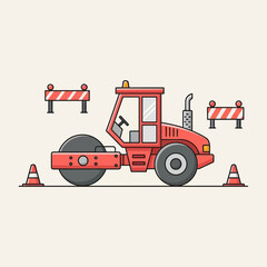 Fototapeta premium Compact Road Roller Machinery Working on Construction Site with Traffic Cones and Barriers