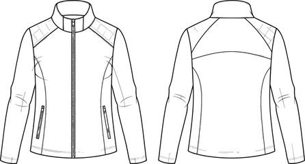 Women's Fitted Sport Jacket Technical Fashion Drawing Vector Illustration Featuring Stand Collar, Full Zip, Zip Pockets, Quilted Shoulder Panels, Front and Back View, Activewear Mockup. © Rejowanul Expressive