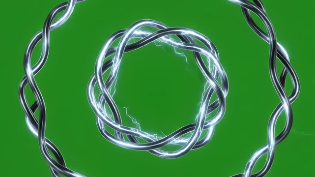 Glowing electric braided circular rings emitting lightning sparks and energy surges, isolate