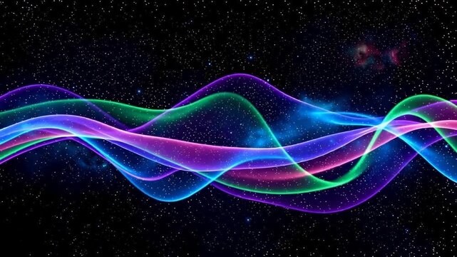 Vibrant multicolored wavy lines dancing across a starry night sky