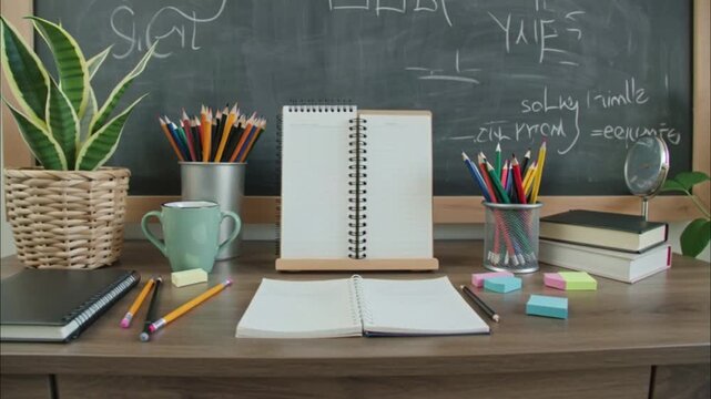 Study desk setup with notebook and pencils