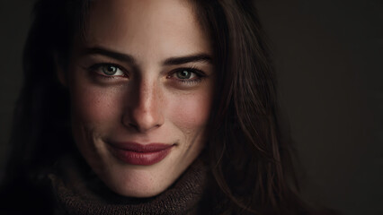 Fototapeta premium Stunning young woman with green eyes and freckles smiling softly