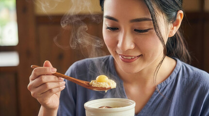 湯気の立つ温かい茶碗蒸しを笑顔で味わう日本人女性のポートレート