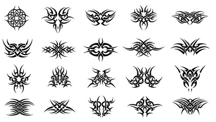 Obraz premium Comprehensive collection of many diverse black tribal tattoo designs in a grid layout featuring sharp lines and symmetrical patterns.