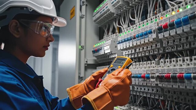 Female electrical engineer inspecting electrical control panel with multimeter in factory with