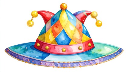 Colorful jester hat with diamond pattern and gold bells, watercolor style, perfect for festivities