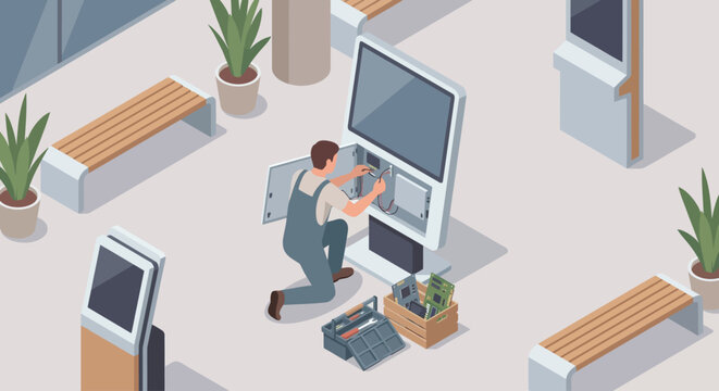 Isometric Maintenance Technician Repairing Digital Information Kiosk Terminal, Hardware Troubleshooting and IT Support in Modern Public Lobby or Airport, Vector Illustration
