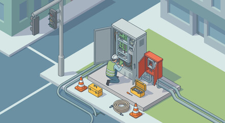 Obraz premium Isometric Electrician Repairing Urban Electrical Control Box, Technician Maintaining Smart City Infrastructure and Power Grid, Professional Utility Service Vector Illustration