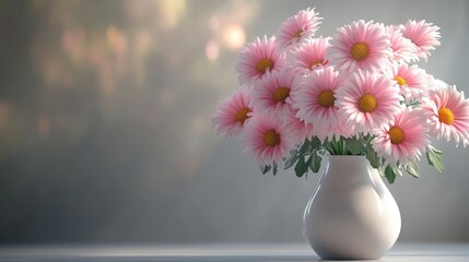Fresh pink daisies in a white ceramic vase on a table