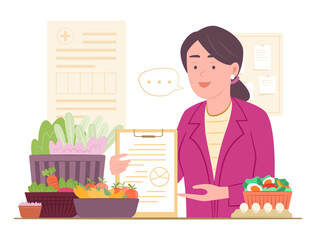 Dietitian or Nutritionist Give an Advice List on Healthy Dieting with Protein, Vegetables and Fruits for Healthy Food Eating and Healthcare Concept Illustration