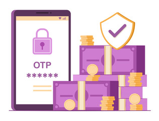Stack of Cash Money Bundle, Coins and Smartphone with OTP Password PIN Code to Protect Online Payment for Financial Technology Concept Illustration Clip Art