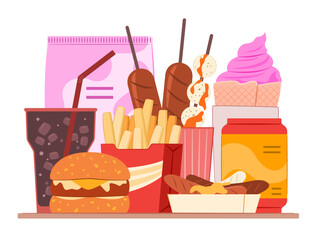Hamburger, Sausage, French Fries, Soft Drinks, Ice Cream and Fried Chip Snack for Ultra-Processed Foods and High Calorie Foods Eating Concept Illustration Clip Art
