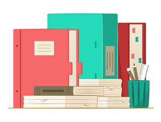 Stack of Document Files Folder, Books and Report Papers for Overload Working and Overburdened Concept Illustration Clip Art