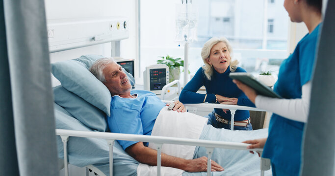 Old couple, listen or nurse with tablet by hospital bed, health update or care coordination for release. Patient request, senior people or medical staff with treatment support, tech or leaving info