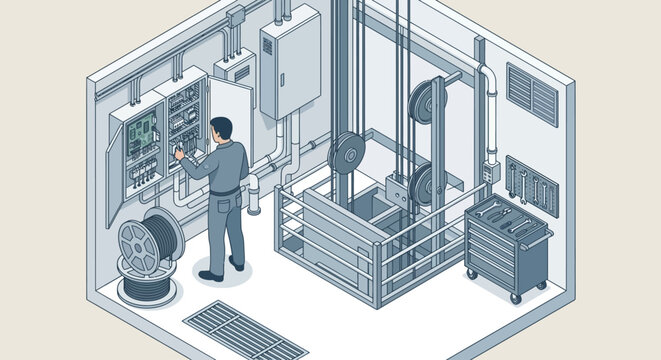 Isometric Illustration of a Technician Maintaining an Elevator Control Panel and Electrical Systems in a Utility Room for Industrial Facility Management and Repair Services