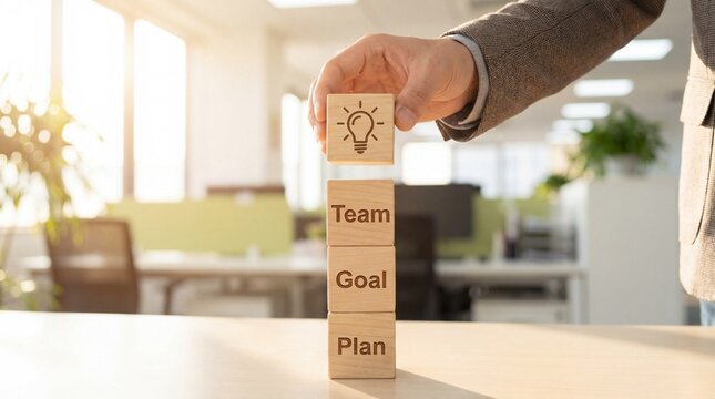 Business professional stacking wooden blocks with 'Idea', 'Team', 'Goal', and 'Plan' text. This conceptual photo illustrates strategic planning and innovation in a modern office environment.