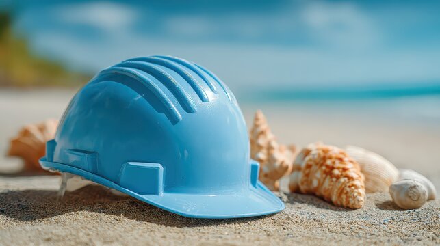 Light Blue Hard Hat Surrounded by Seashells on Sandy Beach Under Bright Sunlight with Blue Ocean Background and Lush Green Foliage on Sunny Day