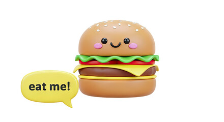 Cute Cartoon Burger with "Eat Me!" Speech Bubble