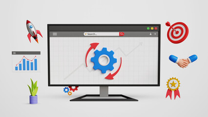 Improvement and Process Restructuring Updates, Operational Changes, Workflow Optimization, Policy Revision, System Updates, New Process Implementation. 3D Computer with Cog for Business Improvements