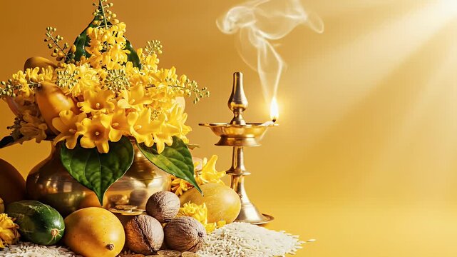 vishu festival background golden yellow cream gradient traditional arrangement
