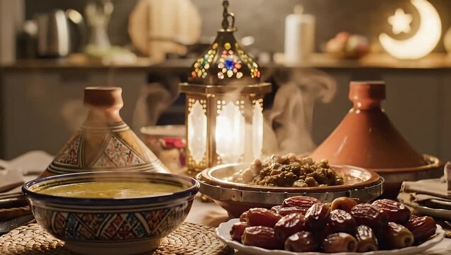 Traditional Ramadan Iftar with Dates and Lanterns.