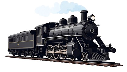 Obraz premium Black vintage locomotive on tracks with steam, illustration style