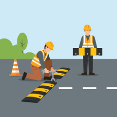 Construction Workers Installing Speed Bump on Road. Traffic Safety Infrastructure Maintenance Crew Vector Illustration.