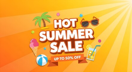 Fototapeta premium Hot Summer Sale Sunburst Design with Beach Elements and Lemonade