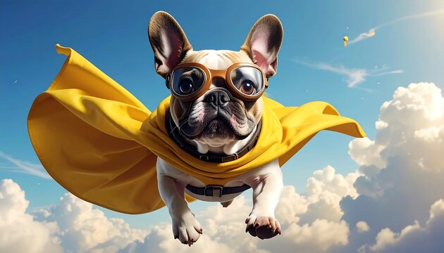 A French Bulldog wearing a yellow cape and goggles flies through the sky