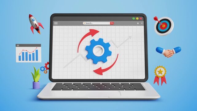 Business Improvement Process Concept. Restructuring, Transformation, Enhance Efficiency, Effectiveness, Implement New Process, Updates , Maintenance. Business Improvement Process on Laptop. 3D Video
