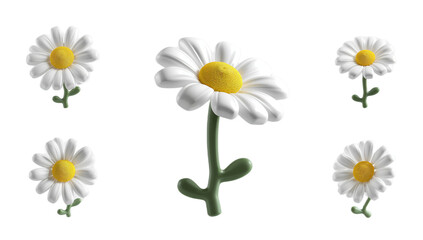 Whimsical illustration of a central plastic daisy with five smaller daisies, set against a white background, evoking a sense of playful nature and decorative charm