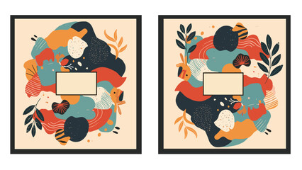 Fototapeta premium Two artistic square frames featuring a vibrant and abstract explosion of organic shapes, textures, and leaves in a contemporary style.