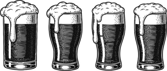 Vintage hand drawn illustration of four pints of dark beer with frothy foam overflowing