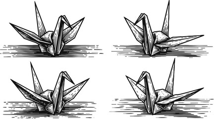 black and white origami cranes paper birds in vintage sketch japanese art, traditional fold, elegant flying figures
