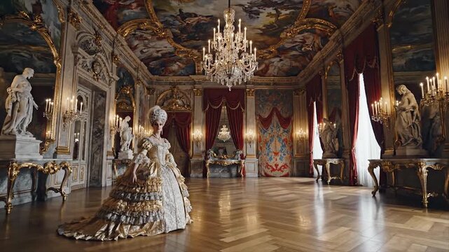 Elegant woman in a historical gown posing gracefully within an opulent palace interior setting.