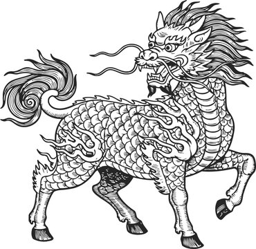 Mythical qilin creature with dragon features and scales, traditional asian folklore design